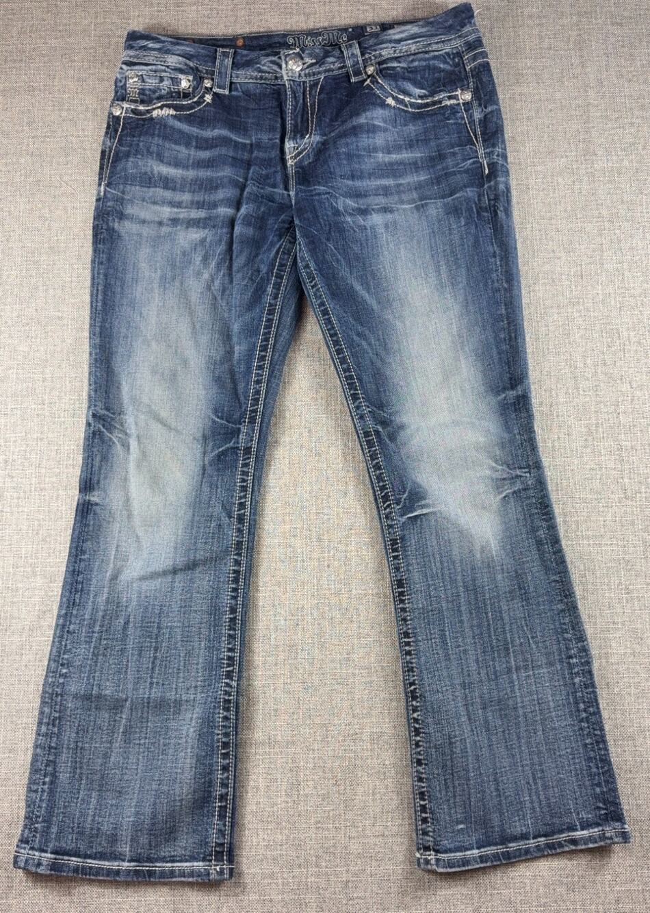Miss Me Womens 31 Bootcut Jeans Rhinestone Fleur De Lis Y2K Western Bling